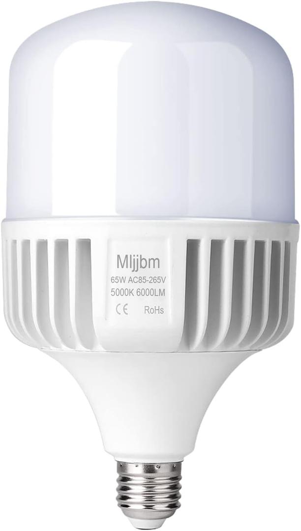 LED Light Bulb 65W, 6000 Lumen, 5000K Daylight White, E26/E27 Base | 400W-500W Equivalent, High Lumen, Flicker-free, Outdoor Indoor Use, For Garage Warehouse Workshop Factory Street Backyard 4-Pack