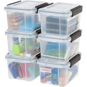 IRIS USA WeatherPro 6 Qt Storage Bins with Lids, 6 Pack, BPA-Free Plastic Gasket Box with Tight Latch and Seal, Stackable Nestable Tote Tub - Clear/Black