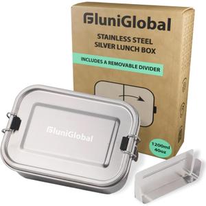 Stainless Steel Lunch Box for Adults | 40 oz | Leak Proof with Silicone Locks | Eco-friendly Metal Lunch Box Container for Travel | Removable Divider | Silver