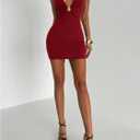 Milumia Women's Metal Ring Deep V Neck Halter Mini Dress Sexy Blackless Bodycon Party Club Short Dresses Burgundy, Large