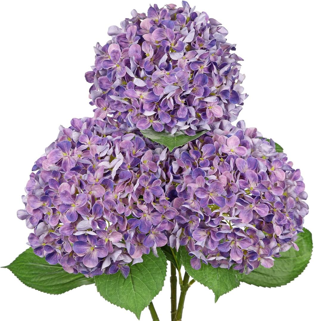 26" Artificial Hydrangea Flower with 6.6" Large Bloom, Realistic Gradient Silk Flowers, Faux Hydrangeas for Home Wedding Centerpiece Decor, Big Petal Fake Floral Arrangement, Indoor Outdoor Display (3PCS, Lavender Purple)
