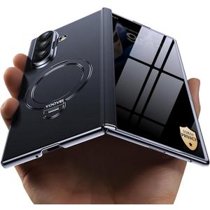 YOOVEI Magnetic for Samsung Galaxy Z Fold 7 Case Luxury Leather [Hinge Protection] Built-in [ Privacy Screen Protector] [Fit for MagSafe] Zfold 7 Case with Kickstand & Ring Holder Black