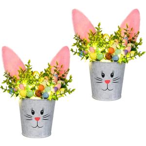KC&KST 2 Pcs Easter Decorations Indoor Artificial Flower with Bunny Ear, Lighted Bunny Desk Decor with Color Eggs, Perfect Table Decorations for Home & Spring Party Centerpieces(Easter Bunny Flower)