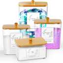 COAZEX 4 Pack Clear Laundry Pods Container & Dryer Sheet Holder, Plastic Square Laundry Room Organization and Storage Jars with Lids, Scoops & Labels for Detergent, Powder, Dryer Balls, Beads