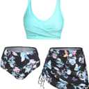 DRESSFO Women's High Waisted Bikini Sets with Cover Up Skirt 3 Piece Gothic Skull Swimsuit Padded Tummy Control Bathing Suit (XX-Large, Blue)