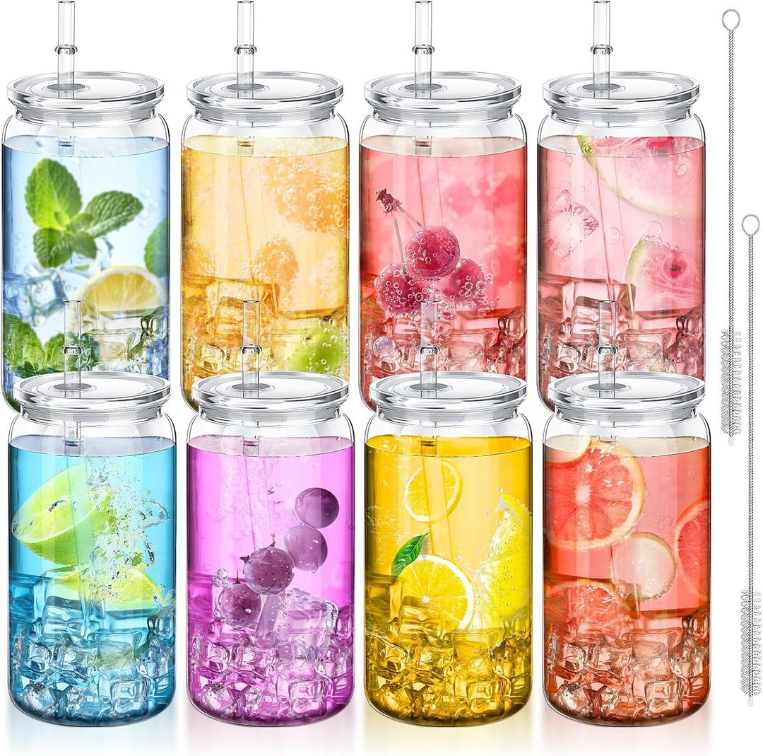 8pack Acrylic Mason Jars Cups with Lids and Straws,16 oz Clear Plastic Cups with Lids and Straws,Ice Coffee Cups,Shatterproof Drinking Tumblers for Smoothies,Cold Brew,Juice,Beer,Coffee,Milk,Tea (8PK)
