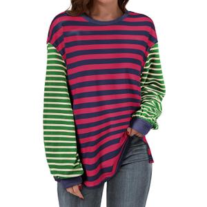 BLENCOT Women's Oversized Patchwork T Shirts Fall Long Sleeve Striped Color Block Loose Fit Pullover Tops (Red, M)