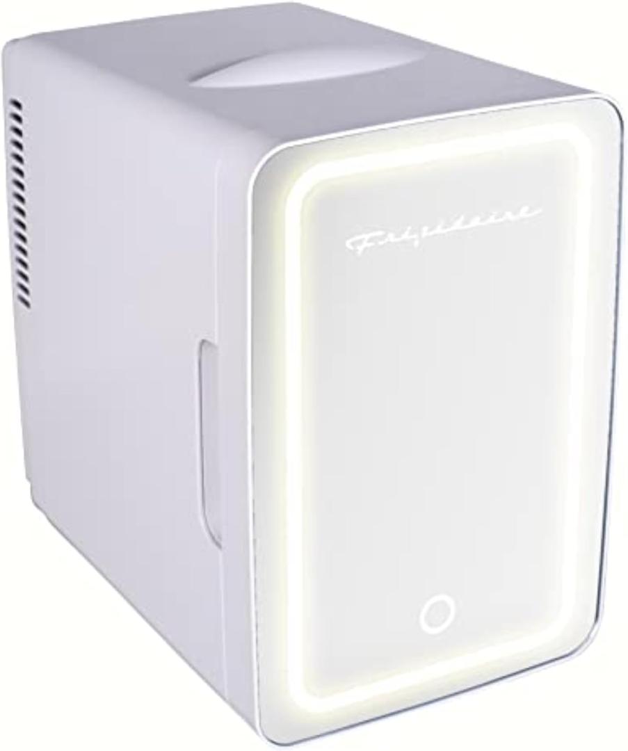 Frigidaire Mini Personal Fridge Cooler, LED Lighted Mirror, 6.5L Capacity, Chills 9 Cans, or Makeup and Skincare, Portable & Compact, No Size