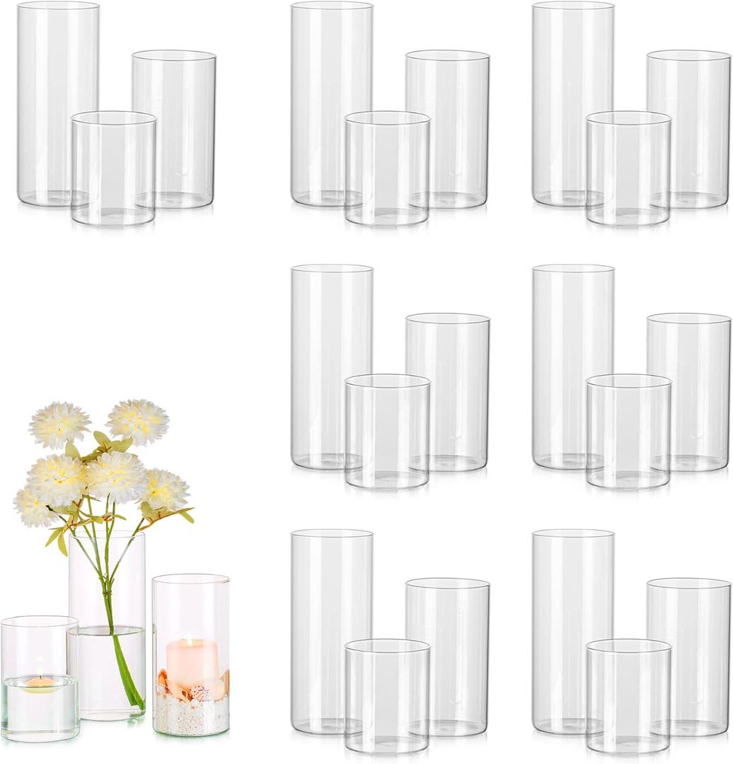 Glass Cylinder Vases Set of 24, Hewory Tall Clear Vase for Centerpieces, Glass Hurricane Candle Holders for Pillar or Floating Candles, Round Vases for Wedding Anniversary Events Table Decor, 3.3in (D3.3"x H5.5" + D3.3"x H7.5" + D3.3"x H9.5")