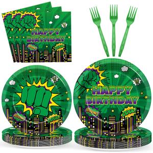 96Pcs Green Hero Paper Plates and Napkins Super Theme Birthday Party Supplies Green Hero Disposable Dinnerware Tableware Set for Kid Cartoon City Cityscape Baby Shower Table Party Decoration Serve 24