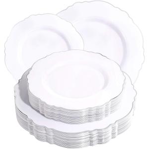 WDF 60pcs Silver Plastic Plates-Baroque White &Silver Plates for Upscale Parties &Wedding-including 30Plastic Dinner Plate 10.25inch, 30 Salad Plate 7.5inch