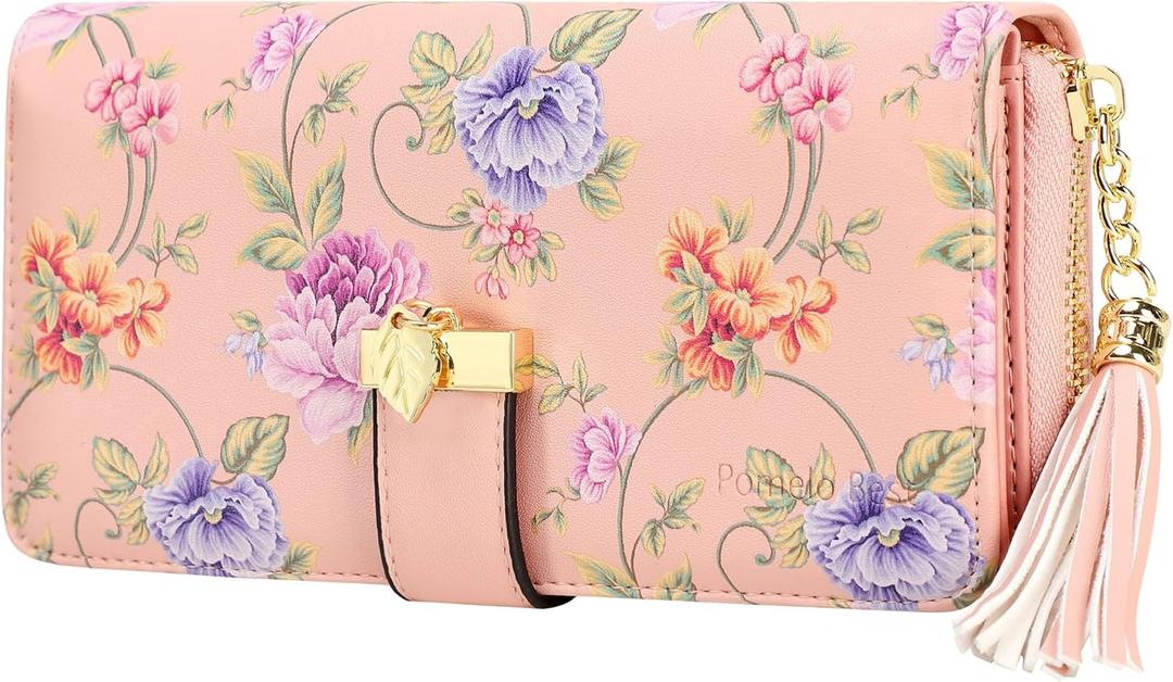 RFID Wallets for Women with Multiple Card Slots and Cellphone Compartment, Womens Wallet (Pink Rattan)