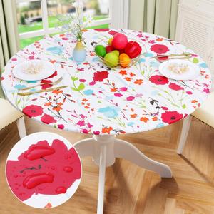 misaya Round Fitted Tablecloth with Elastic Edge, 100% Waterproof Oil Proof Plastic Table Cover, Vinyl Flannel Backed Tablecloth Fits 36"-44" Round Tables for Dinner, Outdoor, Picnic, Flowers (Off White)
