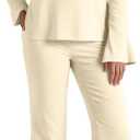 BWQ Sexy 2 Piece Outfits for Women Long Sleeve Wide Leg Pants Casual Lounge Matching Sets (Beige, XL)