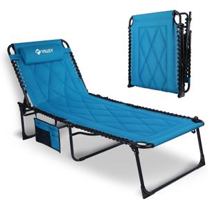 VILLEY Oversized Padded Chaise Lounge with Cushion, Foldable Camping Cot, Patio Reclining Lounge Chairs, Folding Sleeping Bed for Outdoor, Indoor, Backyard, Garden, Camping, Relaxing, Beach Tanning, Blue