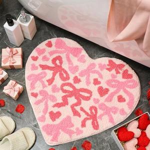 Dunzy Valentine's Day Bathroom Rug Pink Bow Heart Shaped Bath Mat Coquette Tufted Bath Mat Valentines Bathroom Decor Nonslip Washable Shower Rug for Bathrooms Bedroom Home Kitchen