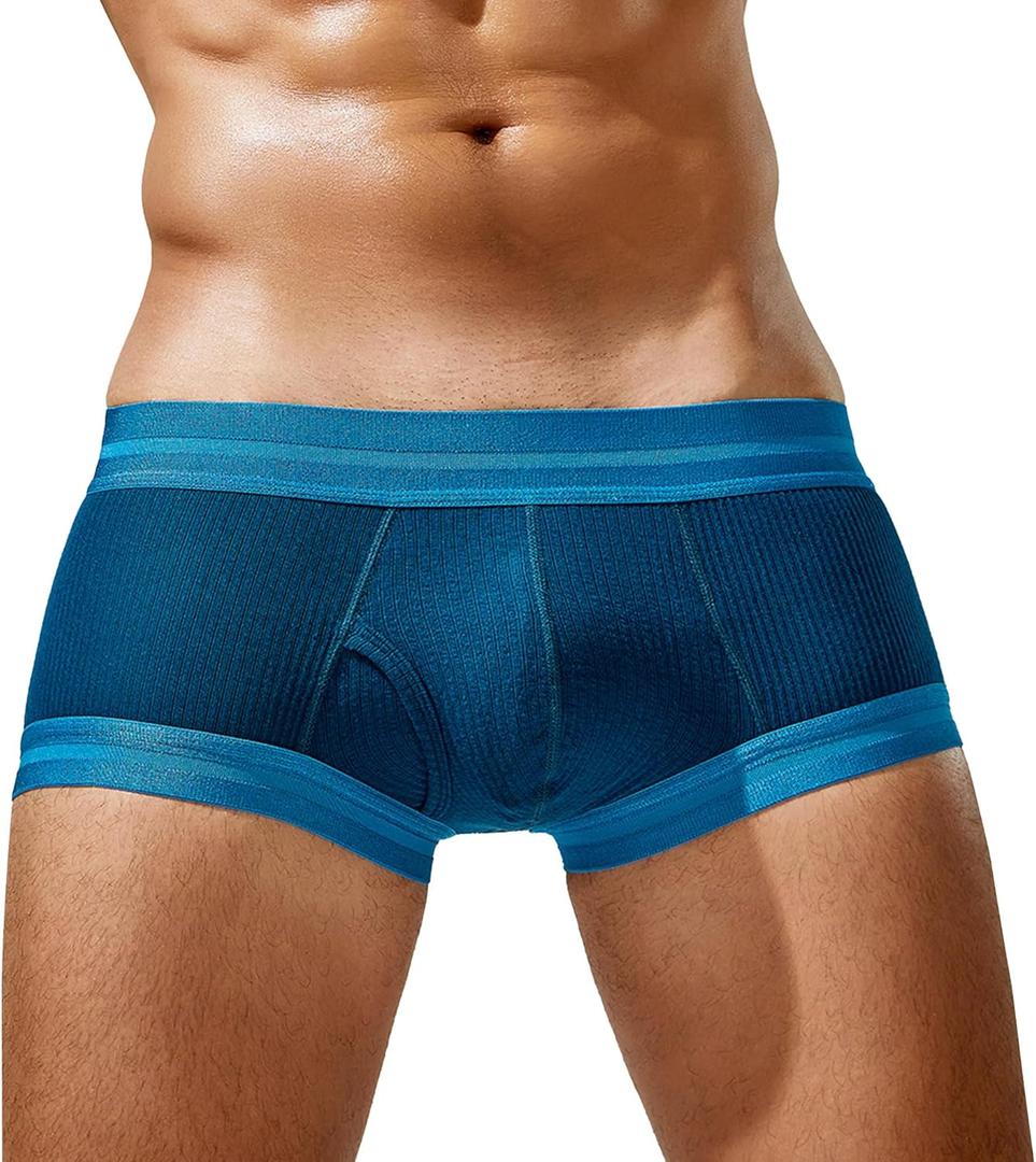 SEAUR Men's Pouch Boxer Briefs Seamless Ribbed Underwear Low Rise Breathable Trunks Stretchy Underpants (Medium, Blue)
