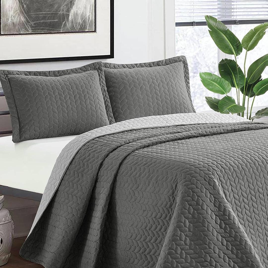 BYSURE All-Season Quilt Bedding Set(Queen, Grey), Braided Pattern Microfiber Bedspread, Lightweight Coverlet with 2 Shams