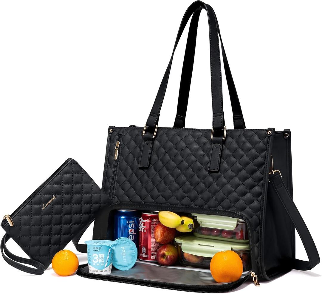 LOVEVOOK Lunch Tote Bag for Women, 15.6 Inch Laptop Bag with Insulated Lunch Compartment, Quilted Large Capacity Computer Handbag with Purse for Business, Work, Nurse, Office, Collage, Casual, Black
