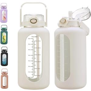 chunmo 74 oz Glass Water Bolttles with Straw Large Motivational Water Bottle with Time Marker Sports Water Bottles with Silicone Sleeve and Handle Lid 2.2L Water Jug for Gym Workout (White)