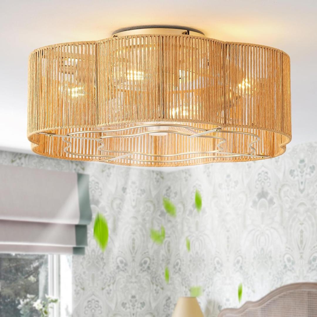 Caged Ceiling Fan with Lights, Flush Mount 20" Boho Ceiling Fans with Lights Remote Control, Low Profile Bladeless Rattan with 6 Speeds for Bedroom, Nursery, Kitchen