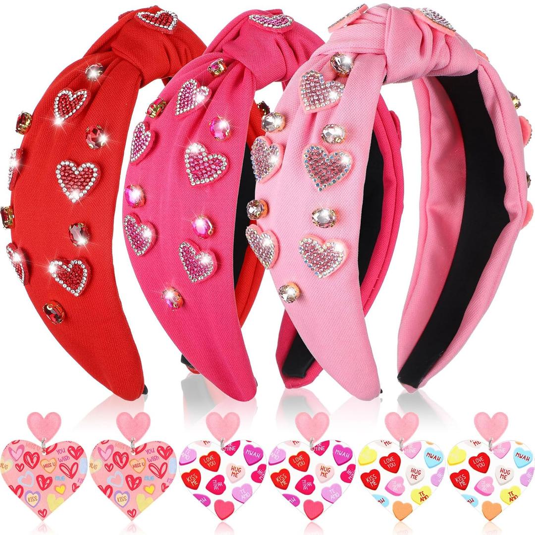 9 Pcs Bulk Valentines Day Headband and Earrings for Women with 3pcs Valentines Headband 6pcs Heart Earrings Wide Knot for Party Dating Galentine's Day Party (Cute)