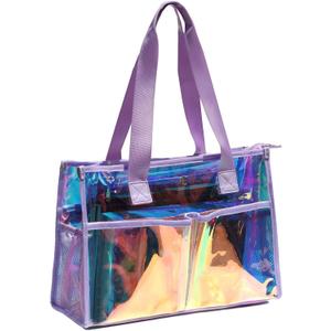 Iridescent Clear Tote Bag for Women, Waterproof Large Beach Tote Pool Swim Cruise Vacation Essentials (Purple)