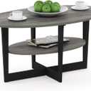 Furinno Jaya 2-Tier Round Coffee Table, Small Grey Coffee Table with Storage Shelf, Oval Center Table for Living Room, Bedroom, Home Office, Grey Oak