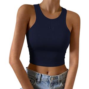 LouKeith Womens Cropped Tank Tops Racerback High Neck Ribbed Cotton Fitted Sleeveless Crop Tank Basic Top (Medium, Navy Blue)