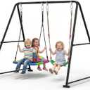2-in-1 Swing Set for Backyard for Kids, with 1 Platform Swing, 1 Belt Swing, 440lbs Metal Swing Set for Toddler, Heavy-Duty Swing Stand w/8 Ground Stakes, Outdoor Swingset for Kids Adults (Black)