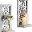 Mirrored Wall Candle Holders Decorative White - Farmhouse Wall Candle Sconces Set of 1 Washed white Candle Holder Decor for Small Vase Tealight Pillar Candles (Scroll Pattern, Distressed Gray-white)
