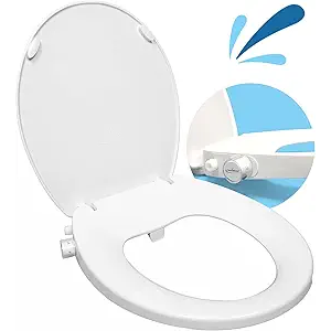 GenieBidet Right Side Bidet Toilet Seat Round - Round Bidet Toilet Seat with Adjustable Self-Cleaning Nozzles, Attachment, T Adapter & Bottle - Non Electric Bidet Seat
