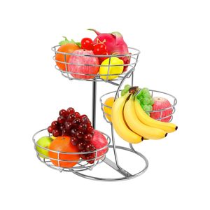 Livabber Fruit Basket Bowl with Banana Hanger, Fruit Vegetable Storage Basket with Banana Tree Holder for Kitchen Counter, Detachable Organizer for Bread Snack Produce (Chrome, 3-Tier Metal Base)