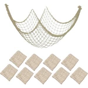 10 Pieces Natural Fish Net Ocean Themed Wall Hangings Party Decor Decoration Fish Net Decorative Party Supplies Natural Cotton Fishnet Accessory for Sea Party (Beige)