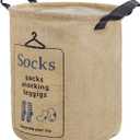 Pop-up Laundry Hampers Waterproof Cotton Linen Foldable Round Storage Bucket Organizer Dirty Clothes Shoes Basket Holder Baby's Toys Collection Box Closet Bin+3 Handles "SOCKS" Print