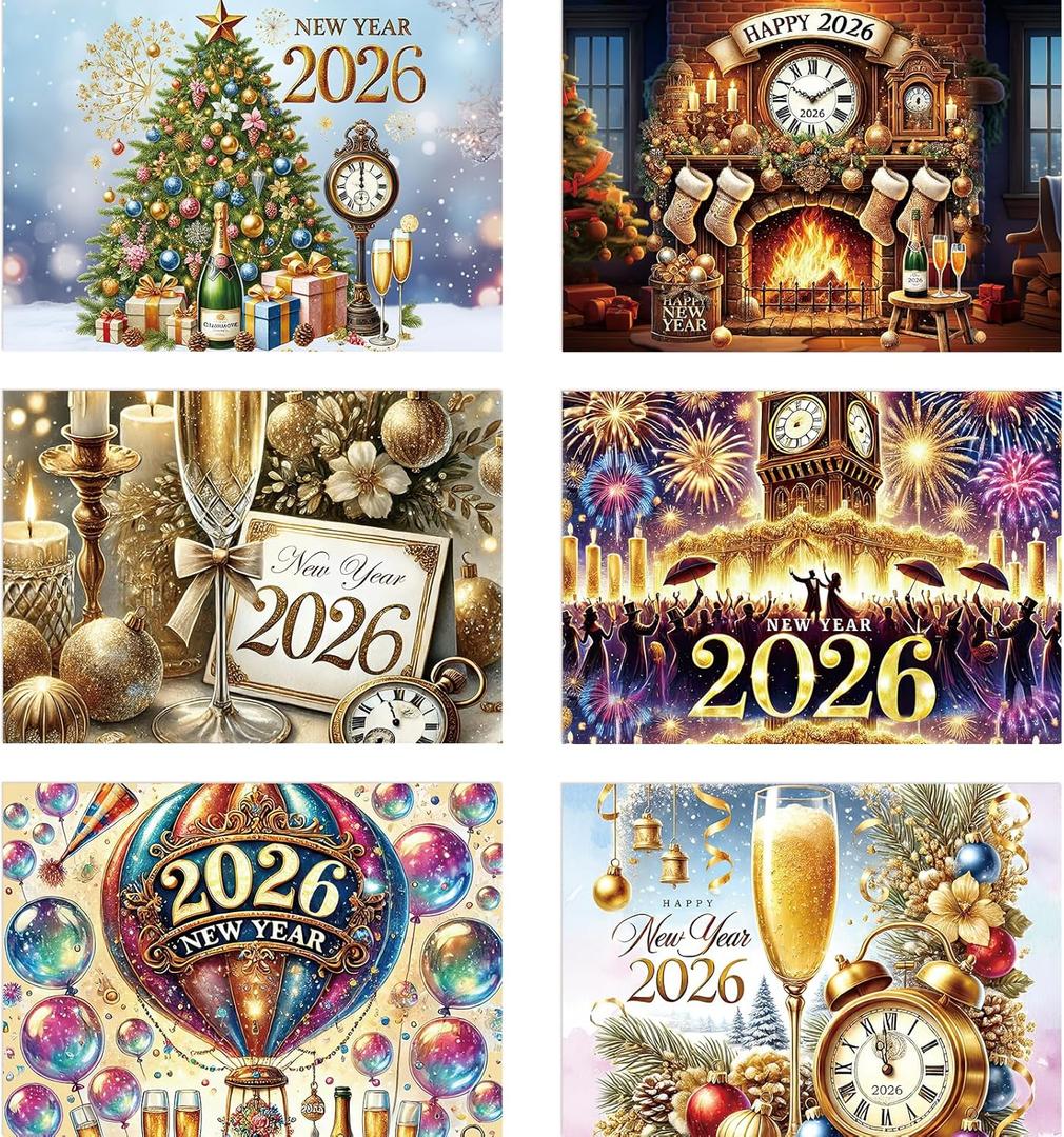 Treasure Cove Happy New Year Card 2026 Clock New Year Greeting Cards with Envelopes and Stickers Holiday Notecards for Business Office Party Supplies 12Pcs
