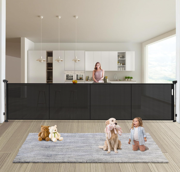 Retractable Baby Gates Dog Gate - 200" Extra Wide Expandable Child Safety Gate, 37" Tall Toddler Pet Mesh Gate with Reinforced Strips for Doorways, Stairs, Hallways, Outdoor & Indoor Large Openings, Black
