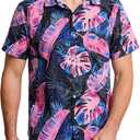 KYKU Men's Hawaiian Shirt Short Sleeve Button Down Beach Shirt with Pocket (Pink, M)
