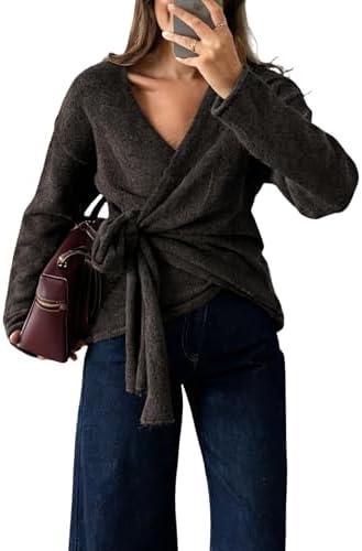 Watashi Women Casual V Neck Wrap Sweater Long Sleeve Cozy Self Tie Belted Knit Sweaters Fall Winter Outfits Cardigan(Brown, Large)
