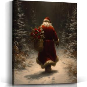 Voxitura Vintage Christmas Santa Wall Art Canvas, Rustic Dark Snowy Forest Wall Decor for Holiday, Winter Festive Paintings Pictures Prints Framed for Bedroom Living Room 12x15in