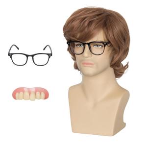 Short Golden Brown Shaggy Wig Men Austin Costume Hair with Black Glasses and Fake Teeth Halloween Wigs