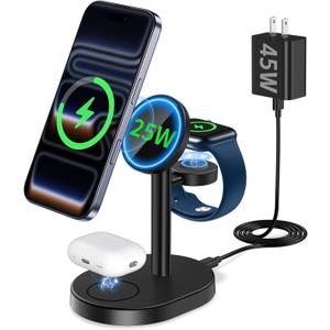 25W 3 in 1 Super Fast Charging Station for Apple MagSafe Charger, Wireless Magnetic Mag-Safe Charger Stand for iPhone 17 16 15 14 13 12 Apple Watch AirPods Series, 45W Adapter Included
