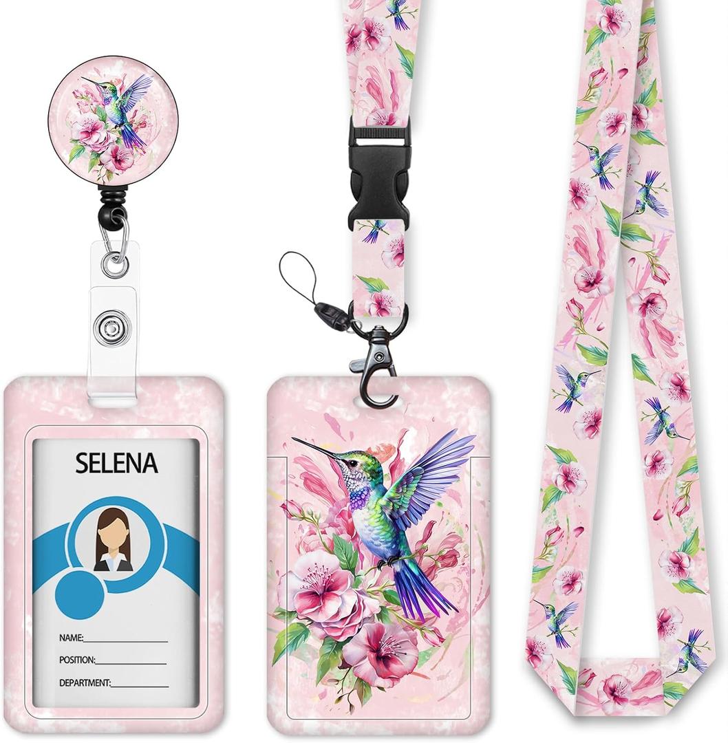 Bird Badge Holder with Retractable Lanyard, Pink Lanyards for ID Badges Name Tags Vertical Card Holder, Detachable Lanyard Badge Reel Retractable, Teacher Nurse Workers Women Office Gifts