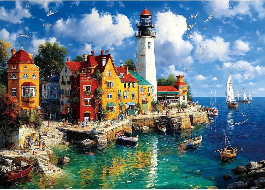 Colorful Coastal Lighthouse 1000 Piece Puzzle for Adults, Fun Puzzles for Adults 1000 Pieces with HD Print & Poster, 27.5 * 19.7 in Dust Free, for Gifts Halloween Christmas Family Games Lovers