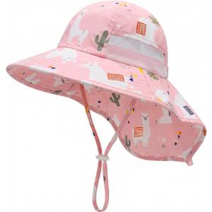 Kids UPF50+ Protection Sun Hat with Neck Flap Wide Brim, Ponytail Beach Summer Bucket Hat for Girls Boys (Pink)