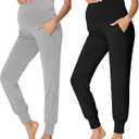 fitglam Women's Maternity Pants Over Belly Lounge Pajamas Clothes Pregnancy Must Haves Joggers with Pockets (X-Large, 2pcs Black/Heather Grey)