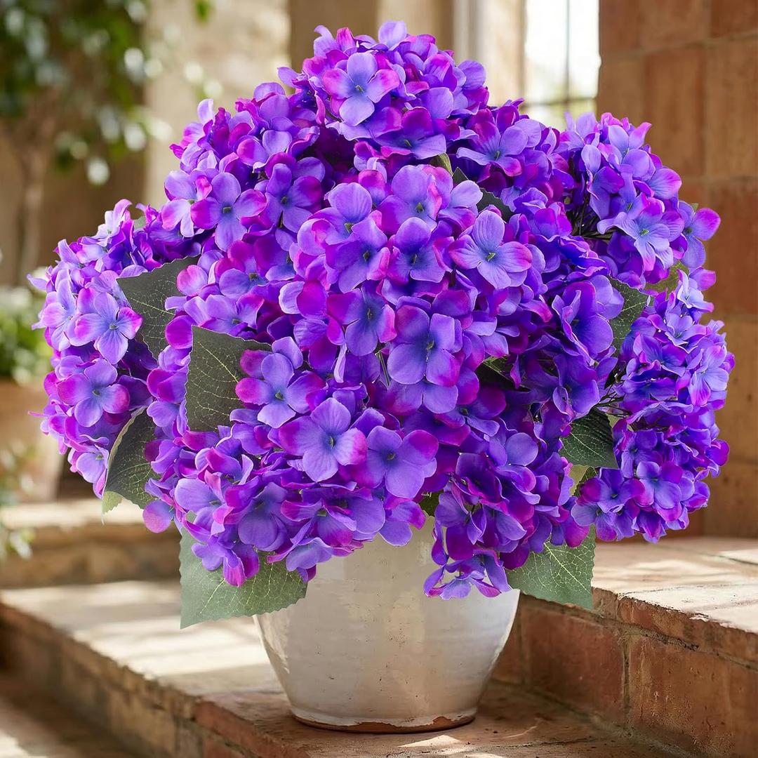 Daynight 8 Pcs Hydrangea Artificial Flowers Outdoor Silk Bouquets, UV Resistant Faux Hydrangeas Flowers for Table Vase Centerpieces Outside Party Wedding Baby Shower Home Outdoor Decor (8, Purple)