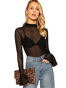 Floerns Women's Star Mesh See Through Mock Neck Long Sleeve Tops Tee T-Shirt Black E M