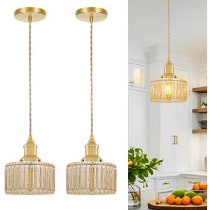 Rustic Pendant Light Set of 2, Brushed Gold Pendant Lights Kitchen Island with Amber Glass Shade, Brass Kitchen Pendant Lighting over Island, Adjustable Hanging Light for Hallway Bathroom Dining Room (6.9in-2pc)