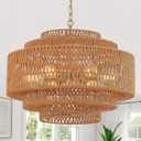 Large Chandelier Hand-Woven Rattan 25.6in Boho Chandelier Vintage Light Fixtures 6-Light Gold Coastal Bamboo Wicker Chandeliers for Living Room Dining Room Bedroom Kitchen Island Entryway